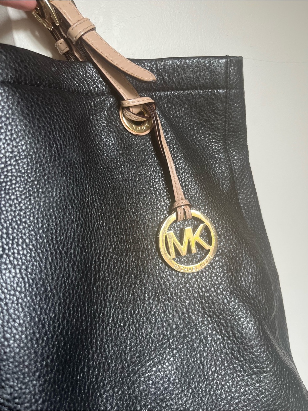 Michael Kors Black Pebbled Leather Tote with Beige Strap and Gold MK Charm
